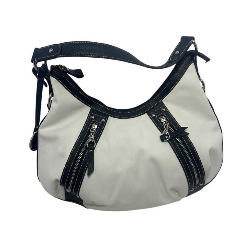 Franco‎ Sarto White Black Faux Leather Vinyl Zipper Accent Purse Handbag Hobo